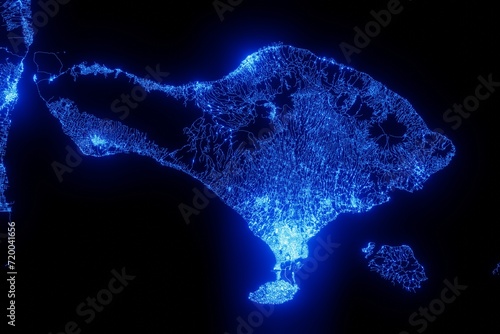 Street map of Bali (Indonesia) made with blue illumination and glow effect. Top view on roads network photo