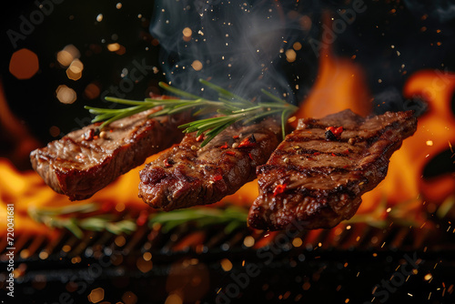 slices of freshly flame grilled steak flying on a dark background with rosemary and seasonings