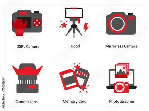 Six technology icons in red and black as dsrl camera, tripod, mirrorless camera