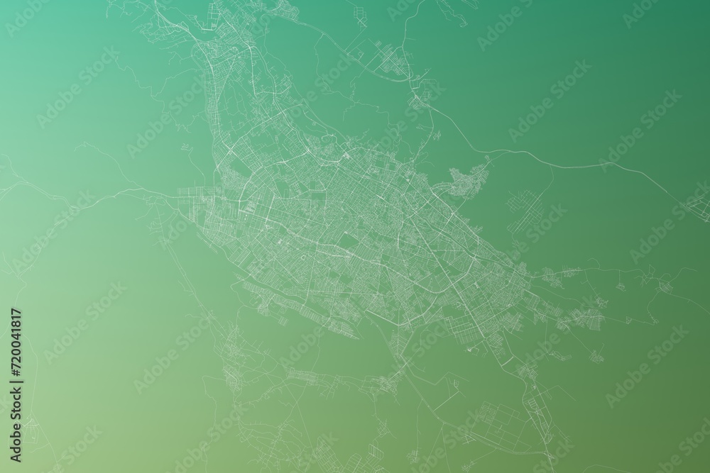 Map of the streets of Shiraz (Iran) made with white lines on yellowish green gradient background. Top view. 3d render, illustration