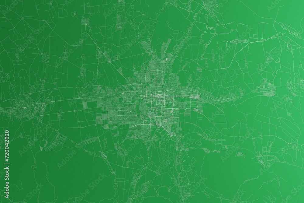 Map of the streets of Bishkek (Kyrgyzstan) made with white lines on green paper. Rough background. 3d render, illustration