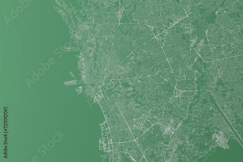 Stylized map of the streets of Manila (Philippines) made with white lines on green background. Top view. 3d render, illustration