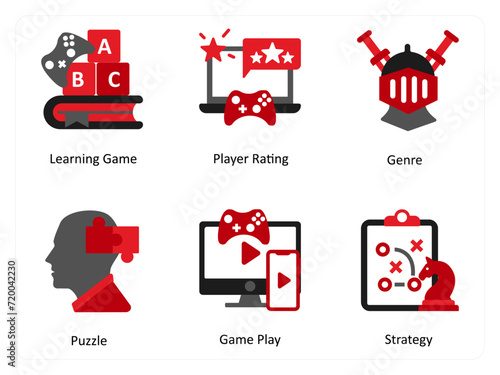 Six game icons in red and black as learning game, player rating, genre