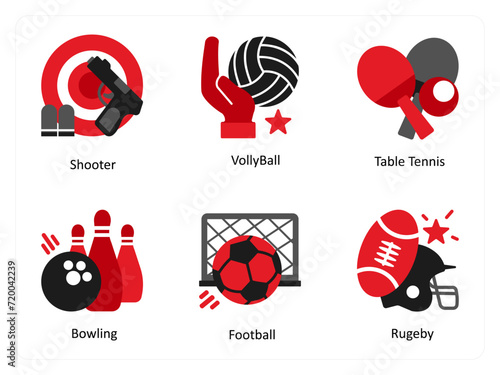 Six game icons in red and black as shooter, volley ball, table tennis