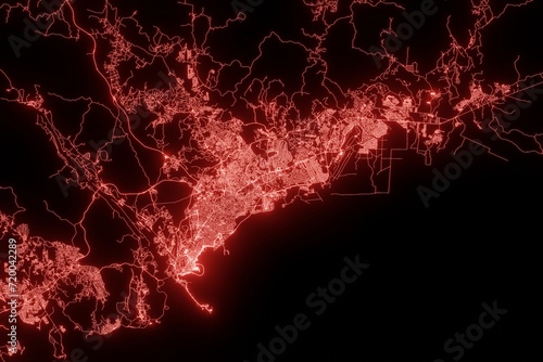 Street map of Panama made with red illumination and glow effect. Top view on roads network. 3d render, illustration photo