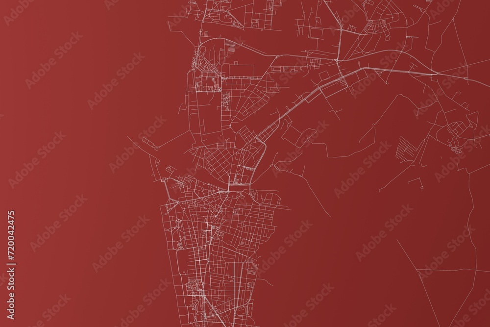Map of the streets of Liepaja (Latvia) made with white lines on red background. Top view. 3d render, illustration