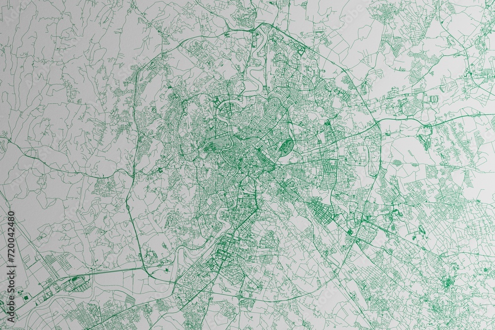 Map of the streets of Rome (Italy) made with green lines on white paper. 3d render, illustration