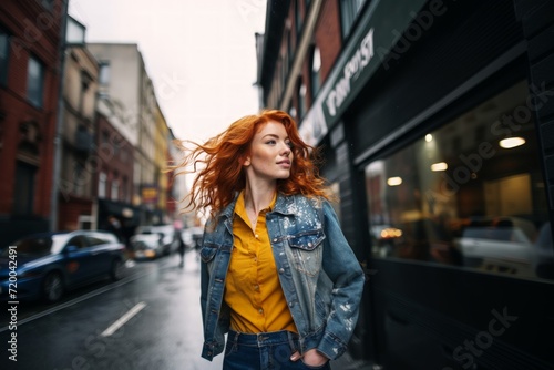 Redhead middle aged woman walking through british streets.