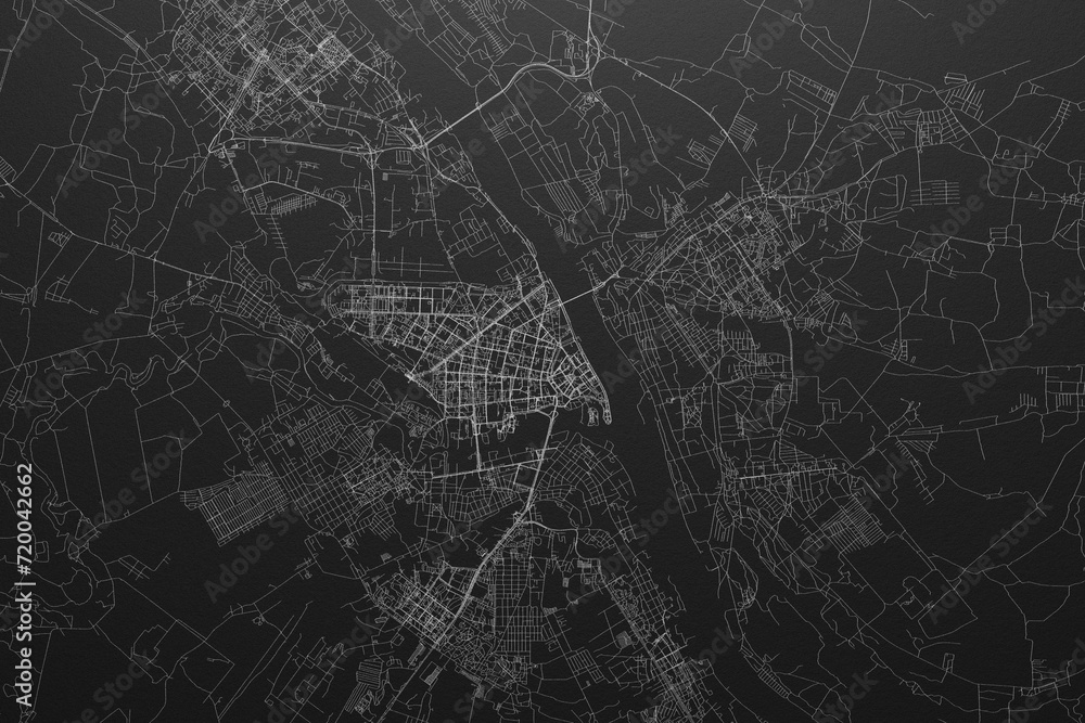 Street map of Yaroslavl (Russia) on black paper with light coming from top