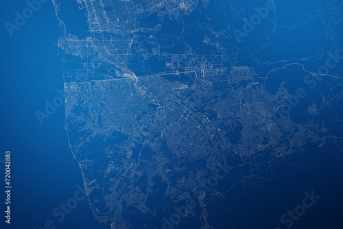 Stylized map of the streets of Tijuana (Mexico) made with white lines on abstract blue background lit by two lights. Top view. 3d render, illustration photo