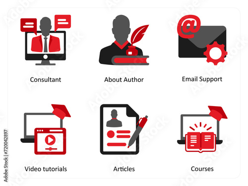 Six Customer Support Red and Black Icons as consultant, about author, email support