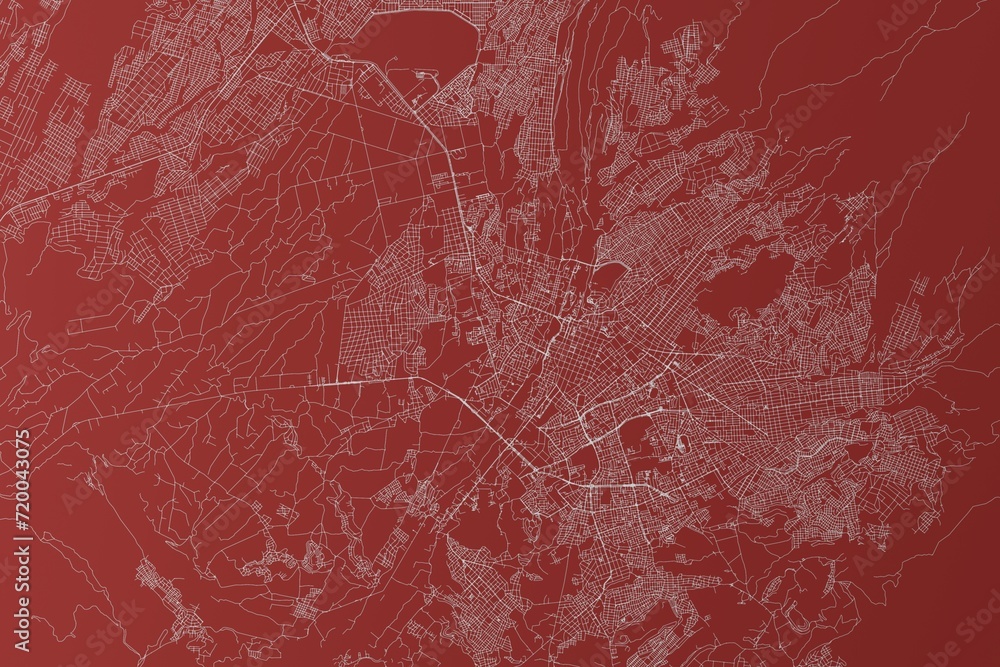 Map of the streets of Arequipa (Peru) made with white lines on red background. Top view. 3d render, illustration - obrazy, fototapety, plakaty 
