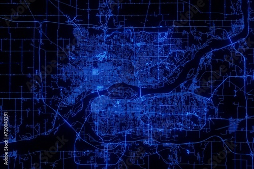 Street map of Davenport (Iowa, USA) made with blue illumination and glow effect. Top view on roads network photo