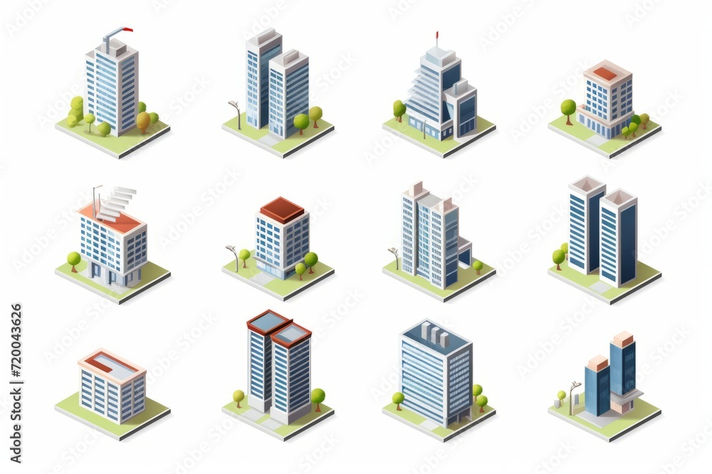  Isometric Vector Art Sprite Sheet, Featuring Architectural Icons and Landmarks in the City, Against a White Background, Generative AI