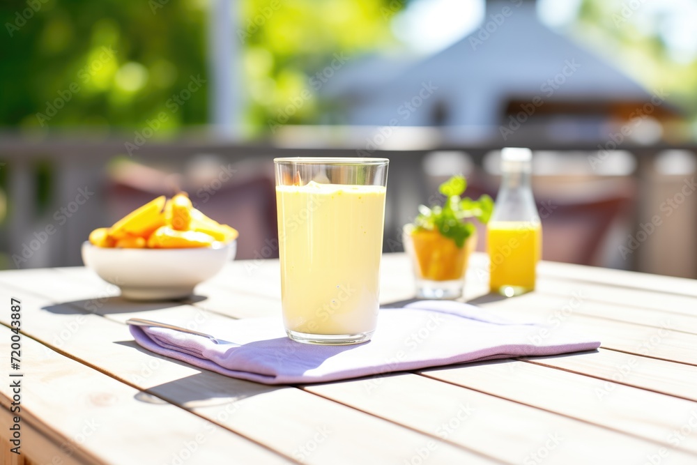 mango lassi on a sunny outdoor table mango lassi on a sunny outdoor table