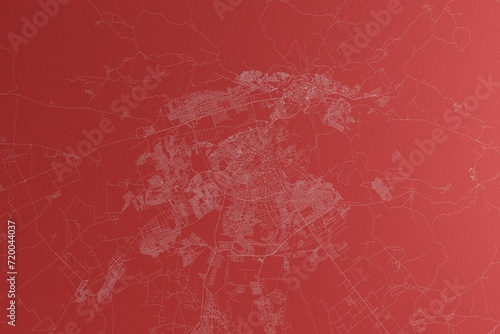 Map of the streets of Fez (Morocco) made with white lines on red paper. Top view, rough background. 3d render, illustration