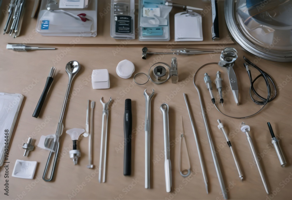 Top down view on various dental instruments such as syringe, toothbrushes, false teeth, pliers, mouth mirror, floss, picks, drill, scissors and mask Top down view on various dental instruments such as syringe, toothbrushes, false teeth, pliers, mouth mirror, floss, picks, drill, scissors and mask