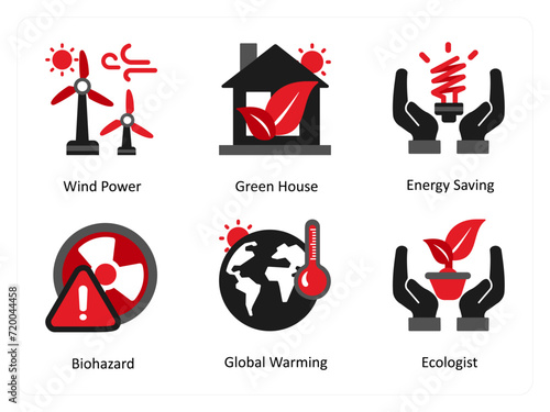 Six ecology icons in red and black as wind power, green house, energy saving