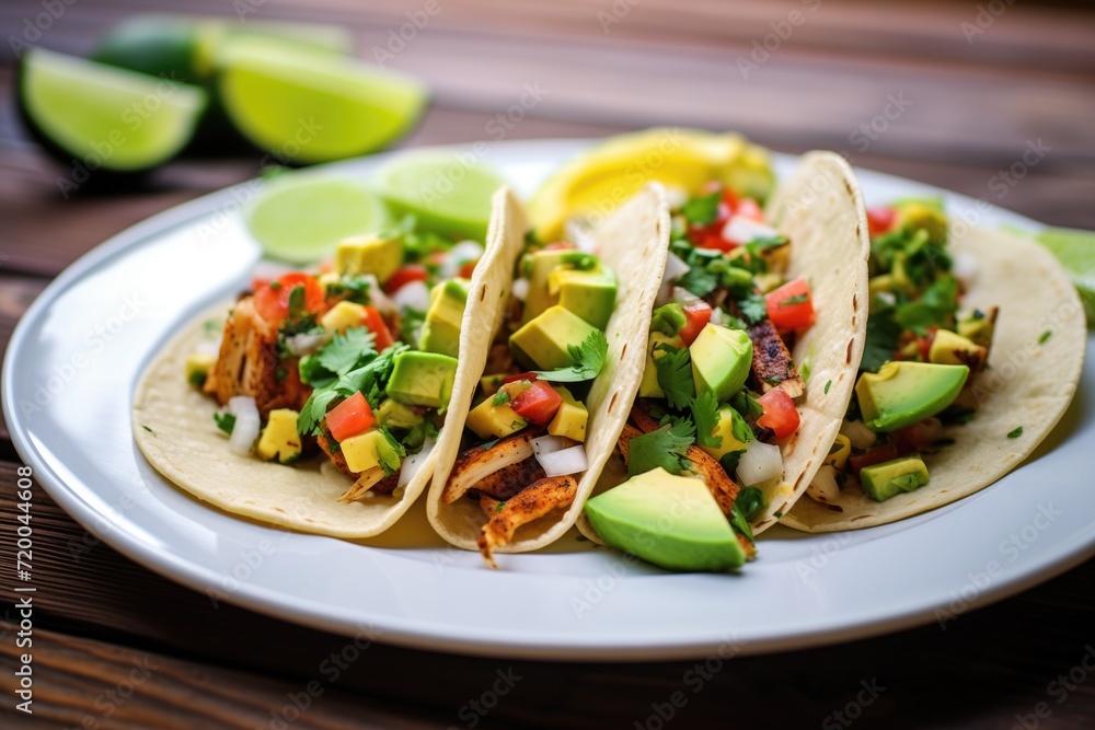 tacos with grilled chicken, avocado, and fresh cilantro on a plate tacos with grilled chicken, avocado, and fresh cilantro on a plate