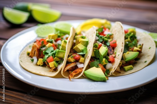 tacos with grilled chicken, avocado, and fresh cilantro on a plate