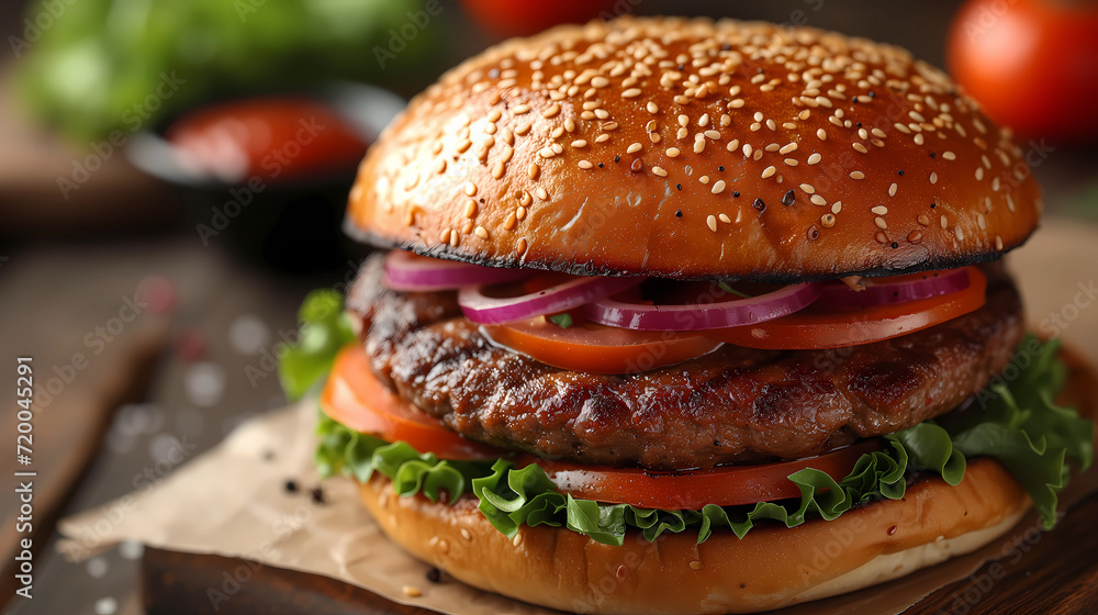 Closeup image of homemade mouth-watering and tasty burger. Delicious fresh American fast food. Fat unhealthy food close-up. Closeup image of homemade mouth-watering and tasty burger. Delicious fresh American fast food. Fat unhealthy food close-up.