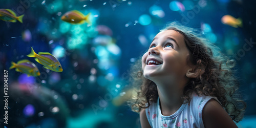 Young girl marvels at underwater wonders, colorful fish encircle her in a magical scene. child's enchantment at an aquarium. AI