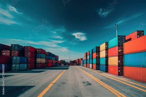 Logistics Container Cargo Port Ship Yard With Blue Cloudy Sky - Generative AI photo
