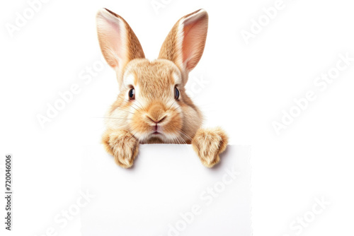 Funny baby rabbit holding a blank poster. Copy space for your text