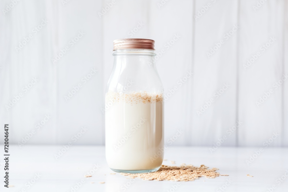 oat milk in transparent bottle, white surface oat milk in transparent bottle, white surface