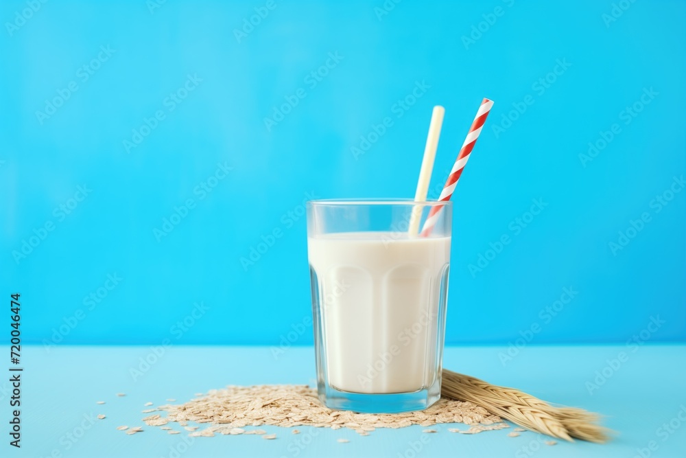 glass of oat milk with straw, blue background glass of oat milk with straw, blue background