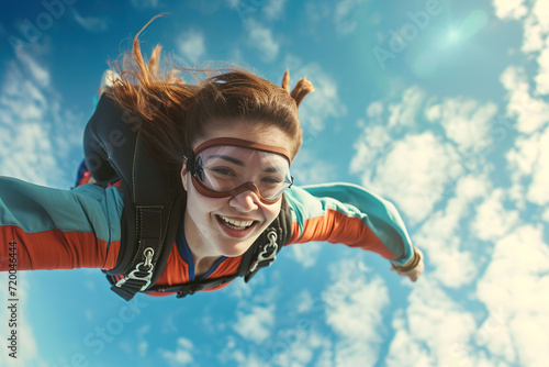 Young woman skydiving with a parachute in the air.