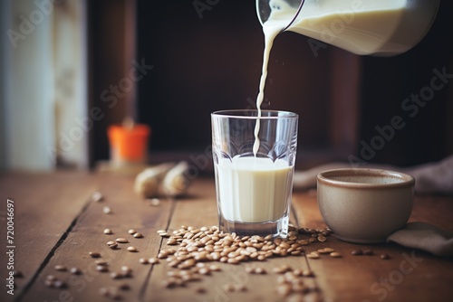 oat milk being poured over coffee beans photo