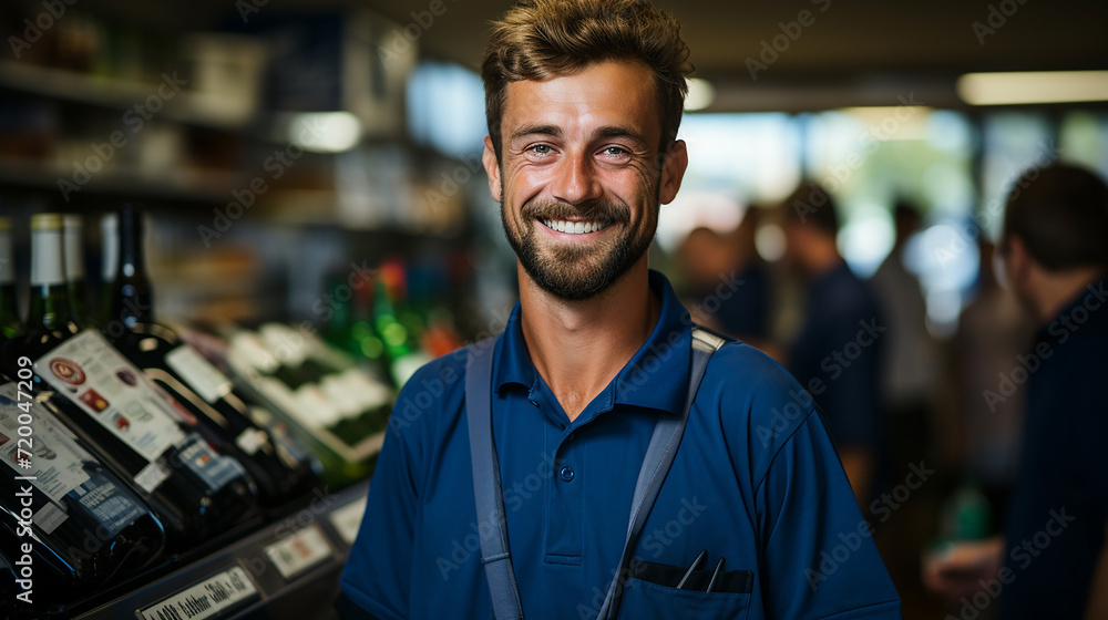 A happy man in his new job, working alongside other people A happy man in his new job, working alongside other people