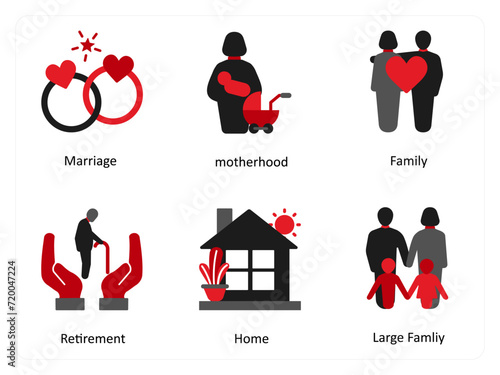 Six business icons in red and black as marriage, motherhood, family
