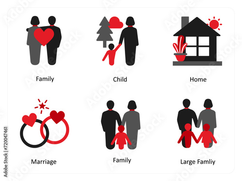 Six business icons in red and black as family, child, home
