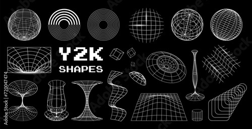 White Abstract isolated y2k shapes, wireframe, perspective grids and cyberpunk elements. Vector illustration on black background.	
