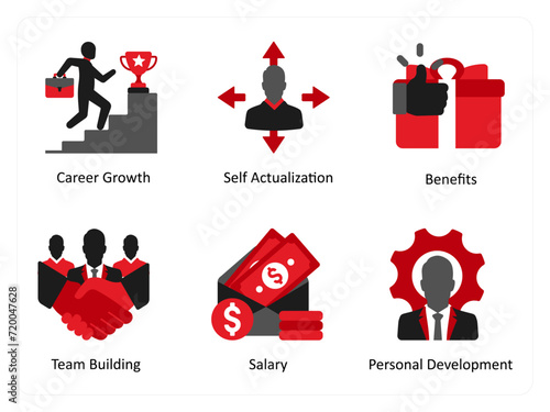 Six business icons in red and black as career growth, self actualization, benefits
