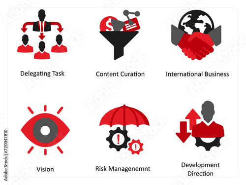 Six business icons in red and black as delegating task, content curation, international business