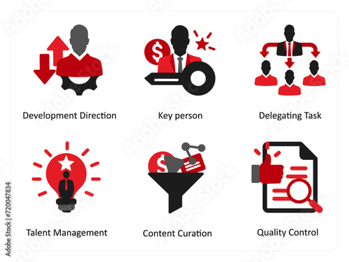 Six business icons in red and black as development direction, key person, delegating task