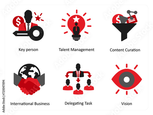 Six business icons in red and black as key person, talent management, content curation
