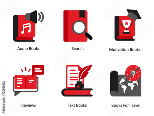 Six business icons in red and black as audio books, search, motivation books