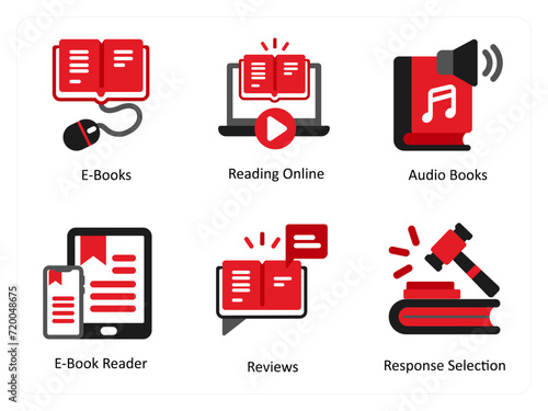 Six business icons in red and black as e books, reading online, audio books