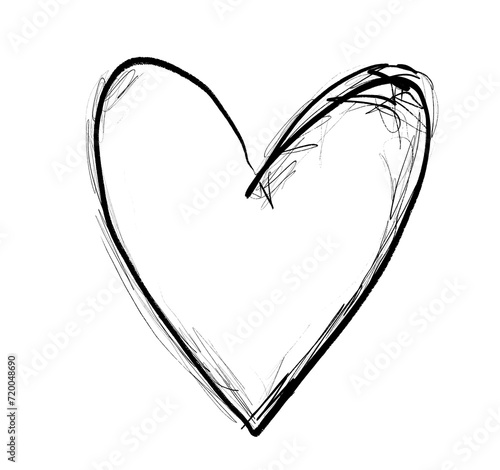 Ink-Drawing Like Black Heart. No Background. Hand Drawn Heart of Irregular Shape. Simple Graphic with Abstract Love Symbol. Freehand Brush Drawing of Heart.