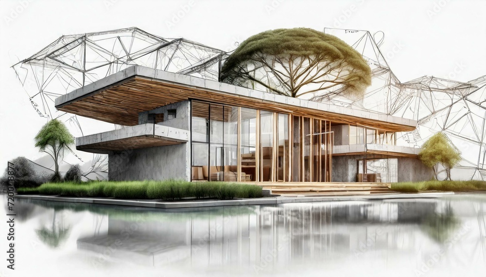 Architectural Sketch of Real Estate - Colored Schematic Drawing of Property - Eco-friendly Concept with Pencils and Inkt. Modern Building. Architectural Sketch of Real Estate - Colored Schematic Drawing of Property - Eco-friendly Concept with Pencils and Inkt. Modern Building.