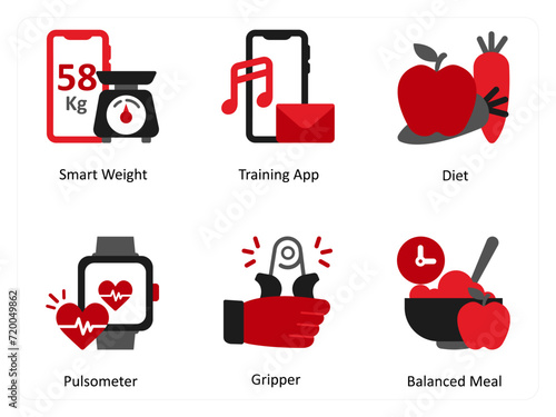 Six food icons in red and black as balanced meal, vitamins, healthy food photo
