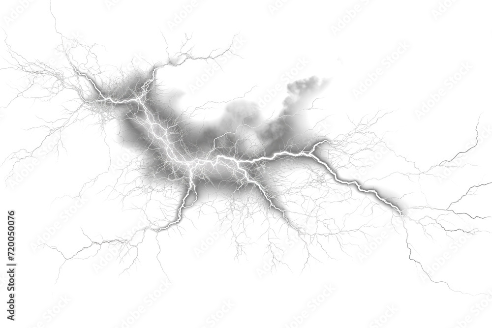 Realistic lightning strikes on transparent background, adding drama and intensity to your designs