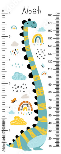 Dino height chart for kids. Cute vector illustration in simple hand-drawn cartoon Scandinavian style. The limited, colorful palette is ideal for printing. Childish meter wall for nursery design.