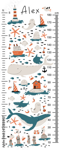 Marine height chart for kids. Cute vector illustration in simple hand-drawn cartoon Scandinavian style. The limited palette is ideal for printing. Childish meter wall for nursery design.