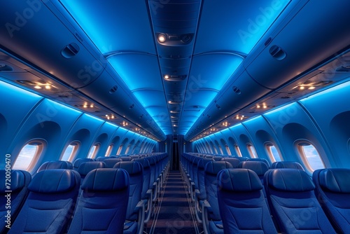 Inside the aircraft cabin, rows of seats and overhead compartments reflect the atmosphere of air travel.