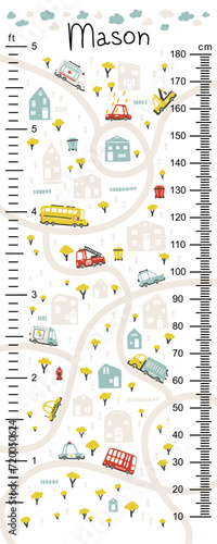 Kids height chart with road maps and cars. Cute vector illustration in simple hand-drawn cartoon Scandinavian style. The limited palette is ideal for printing. Childish meter wall for nursery design.
